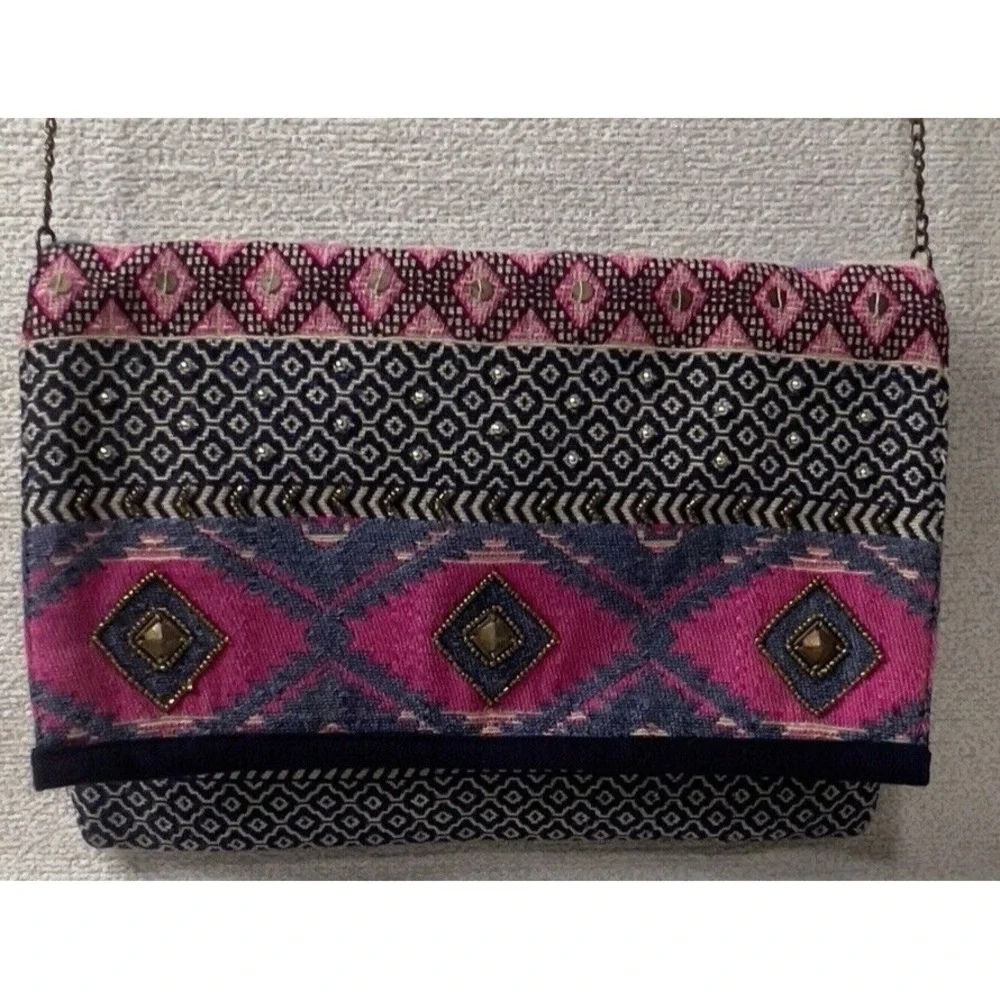 Francesca Biondi Clutch Purse Southwest Design Pink‎ Blue Fabric Crossbody